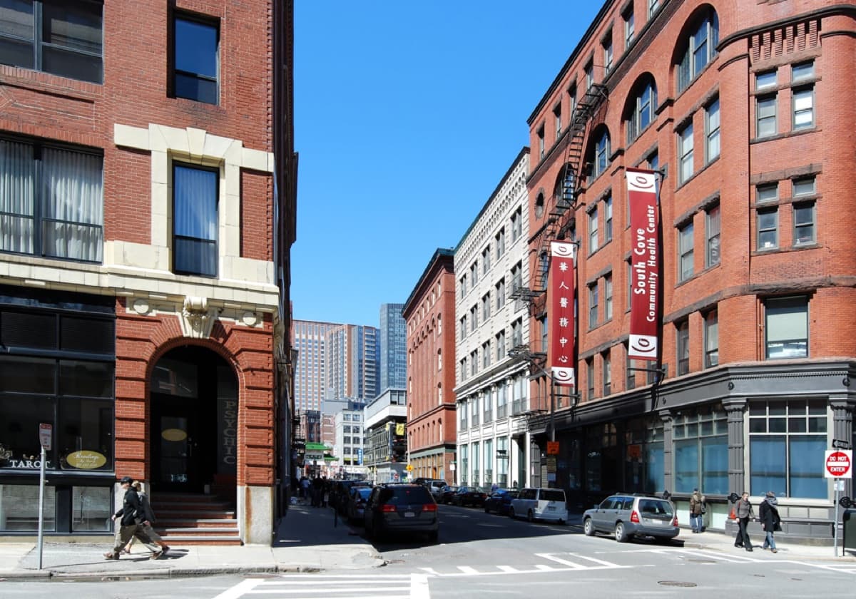 Brick warehouses of Boston's historic Leather District at South and Beach Streets