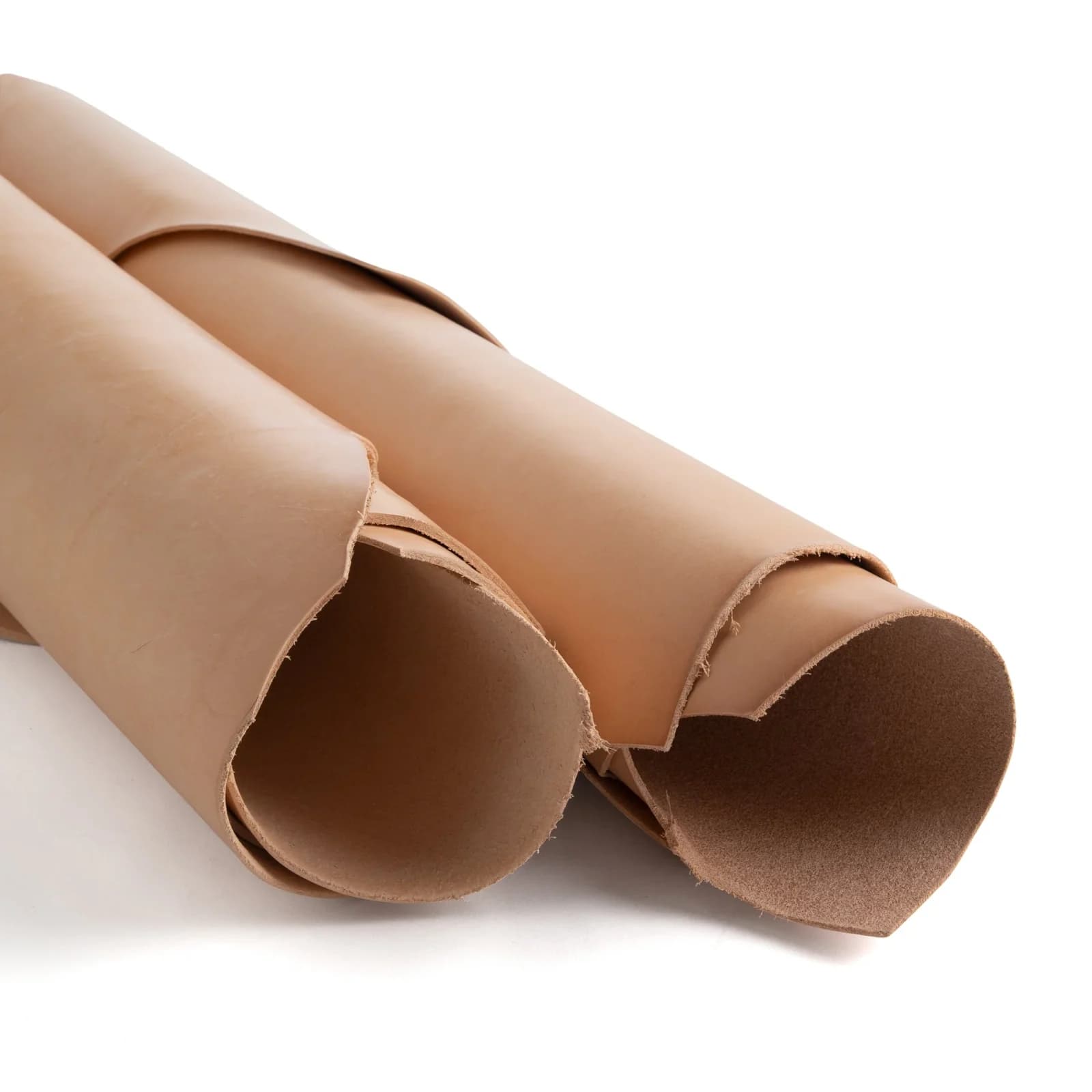 Rolled natural leather hides on a white field