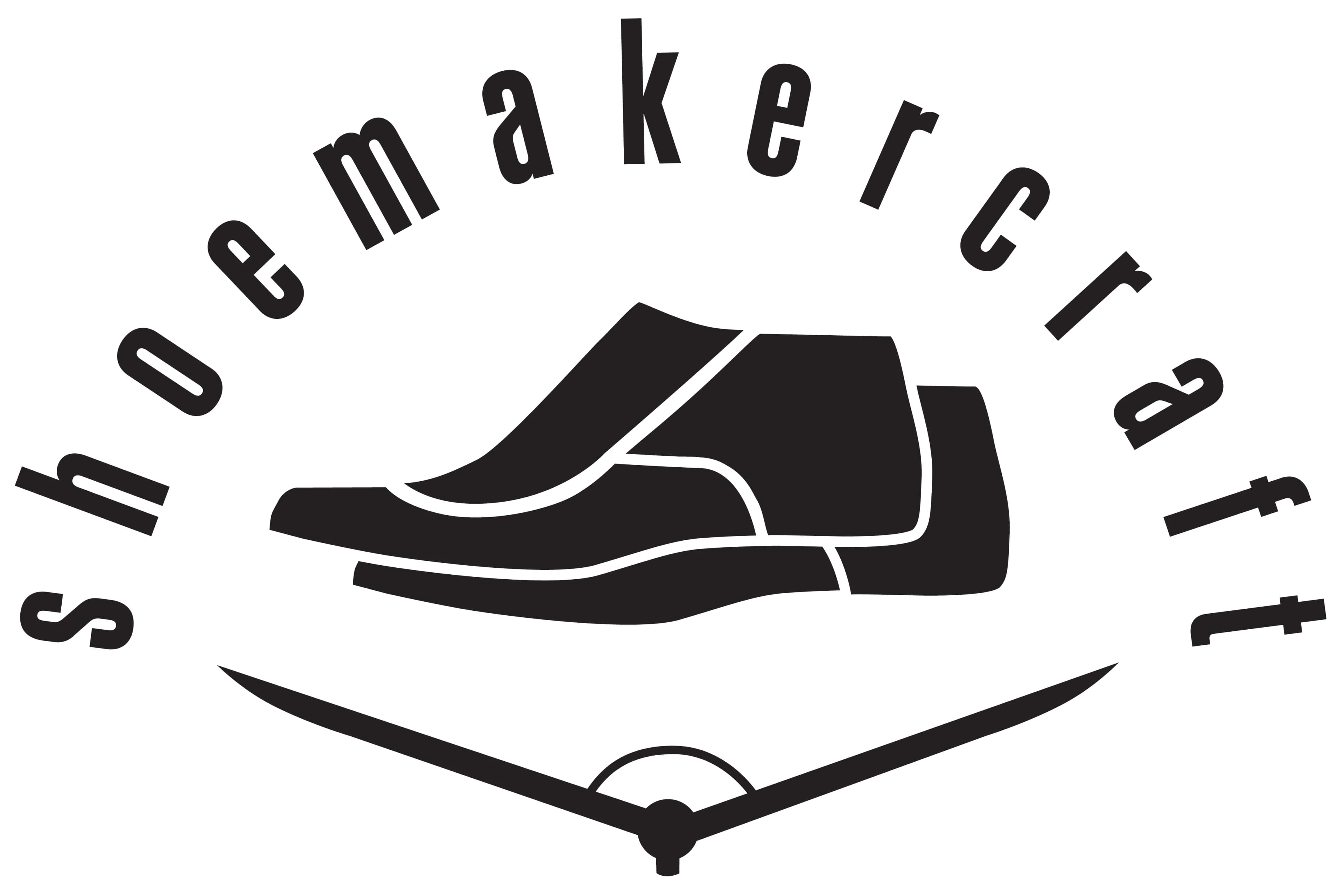 Shoemakercraft logo: a pair of shoemakers' lasts hanging over an open caliper, both in silhouette. The name of the brand is written in an arc from point to point of the calipers.