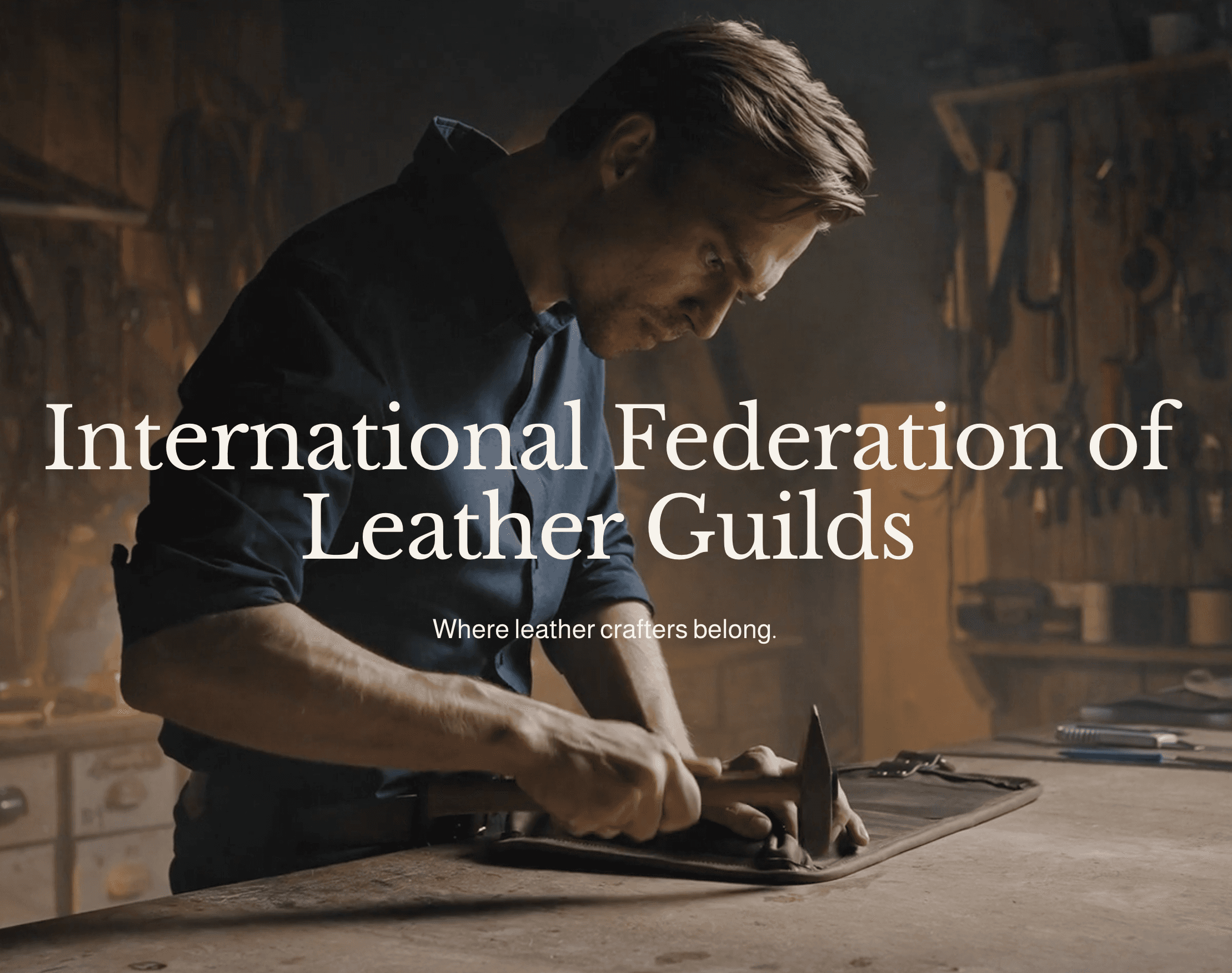 International Federation of Leather Guilds logo with a globe and leatherworking tools