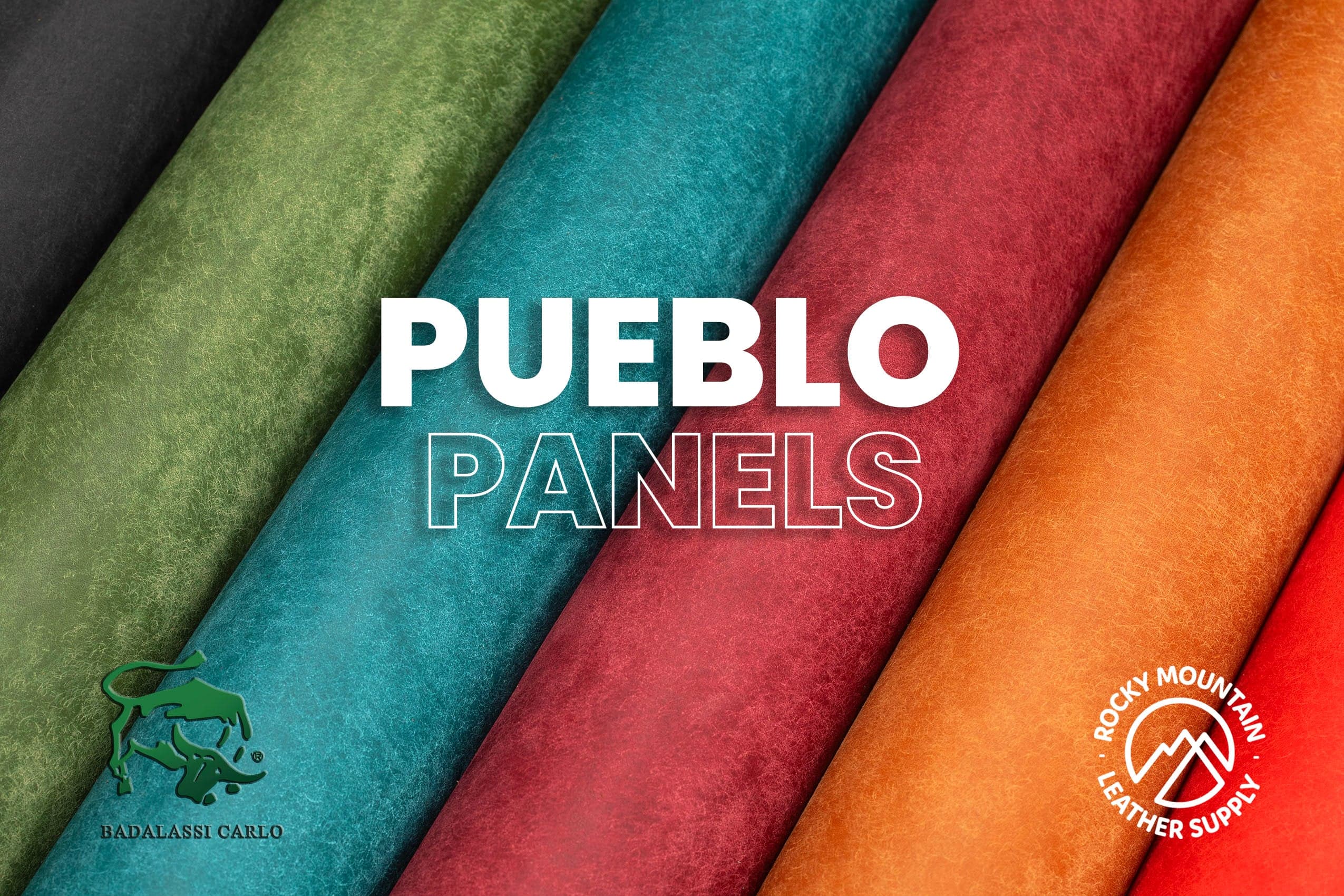 Assorted colors of Badalassi Carlo Pueblo leather arranged in overlapping panels