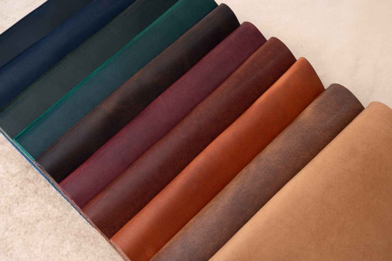 Rolled sides of Horween Dublin leather in several colors