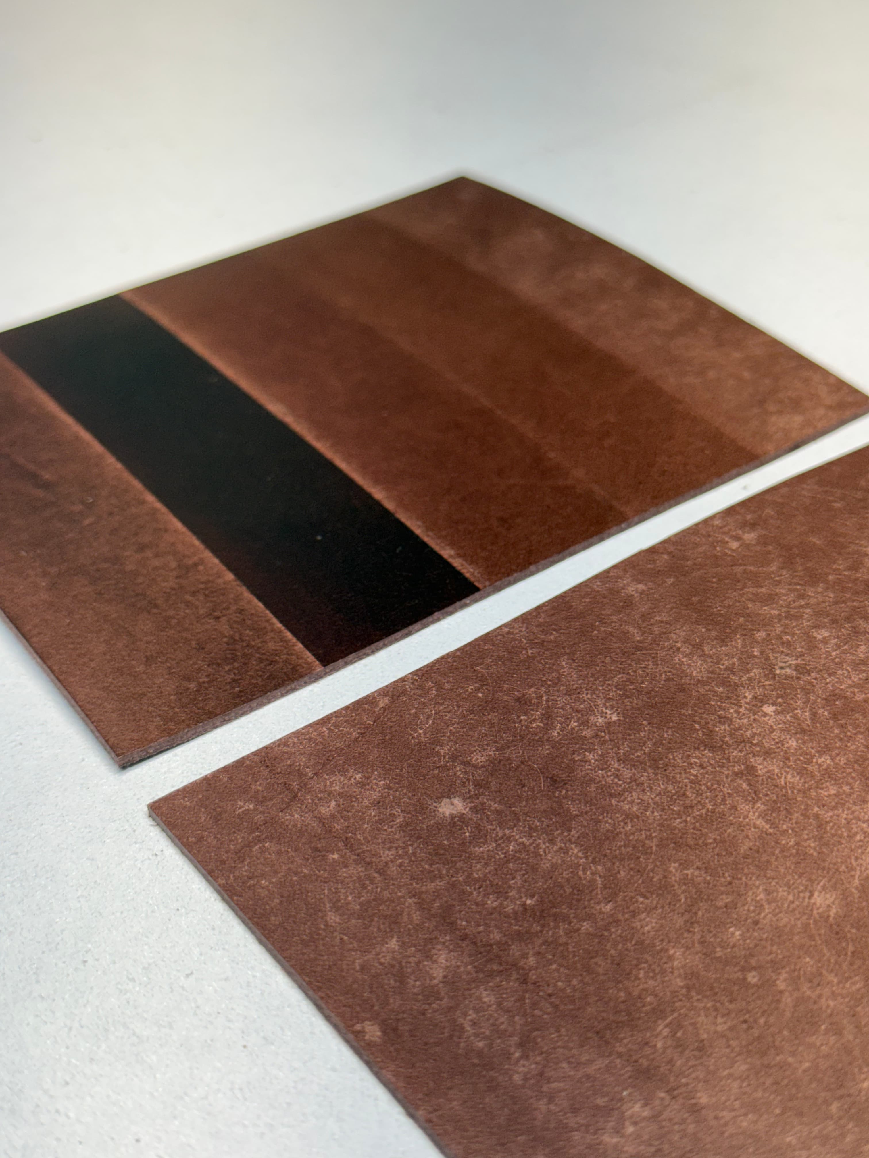 A five-band treatment panel behind a larger untreated Maya panel, with the Renovateur band appearing especially dark.