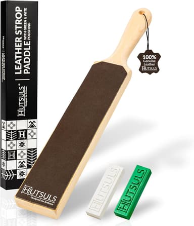 Hutsuls double-sided leather paddle strop with white and green compounds